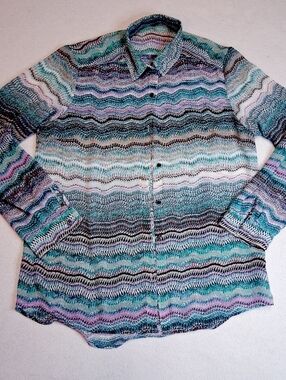 Women’s Multi-Stripe Wave Knit Button-Down Sheer Shirt - Teal & Purple